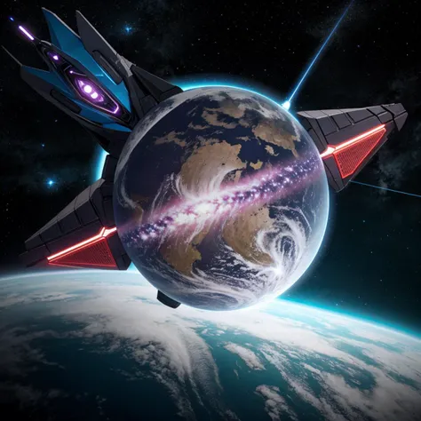 spaceship flying over the earth with a star in the background