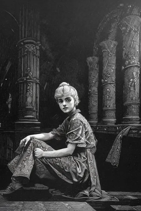 a black and white photo of a woman sitting on a floor