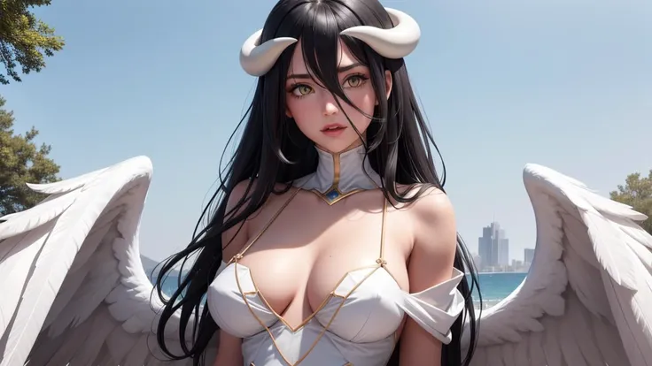 (8k), sharp focus, highres, 1girl, upper body, arisdef, ((Gigantic Breasts1.6)), <lora:albedo-10:0.8> ,albedo_overlord, hair between eyes, white dress, bare shoulders, dress, low wings, ahoge, black feathers, outdoor, (high quality:1.2), (high detail:1.2),...