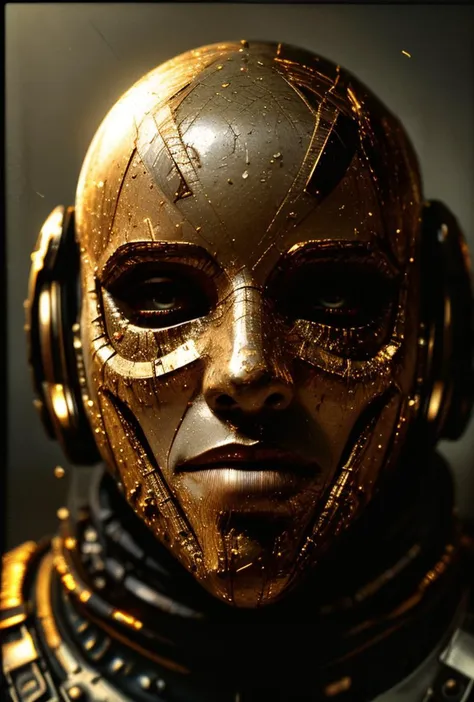 a close up of a gold mask with a black background