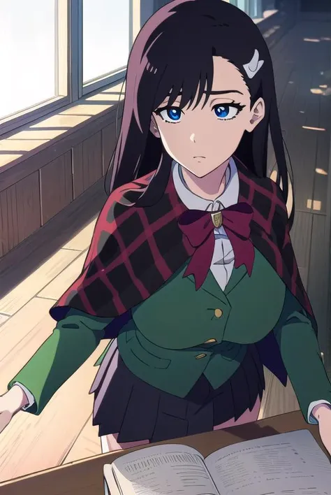 noelniihashi, <lyco:noelniihashianime-LYCORIStest:1>,
noel niihashi long hair, blue eyes, black hair, hair ornament, hairclip, (large breast:1.2),
BREAK skirt, shirt, long sleeves, bow, school uniform, jacket, white shirt, pleated skirt, collared shirt, bo...