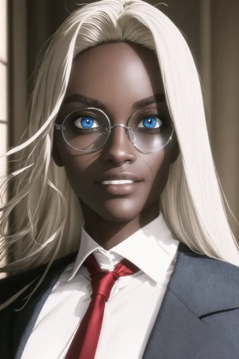 ultra-detailed, light theme, light, 1girl, dark skin, integrahellsing, integra, hellsing, sharp facial features, smirk, smoking, smoke, smoky, round thin glasses, blonde hair, blue eyes, thin eyebrows, (light:1.2), (masculine:1.0), white shirt, red tie, li...