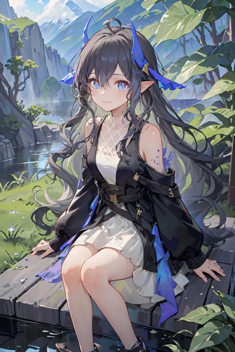 anime girl sitting on a wooden bench in a forest