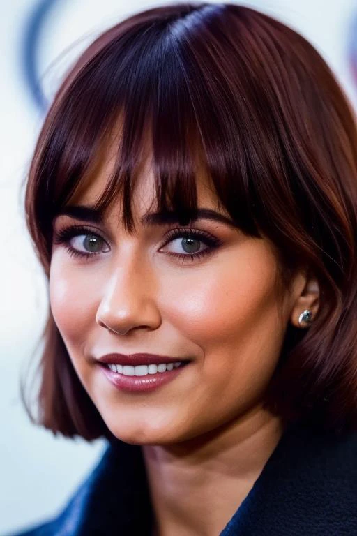 a close up of a woman with a short hair and a blue jacket