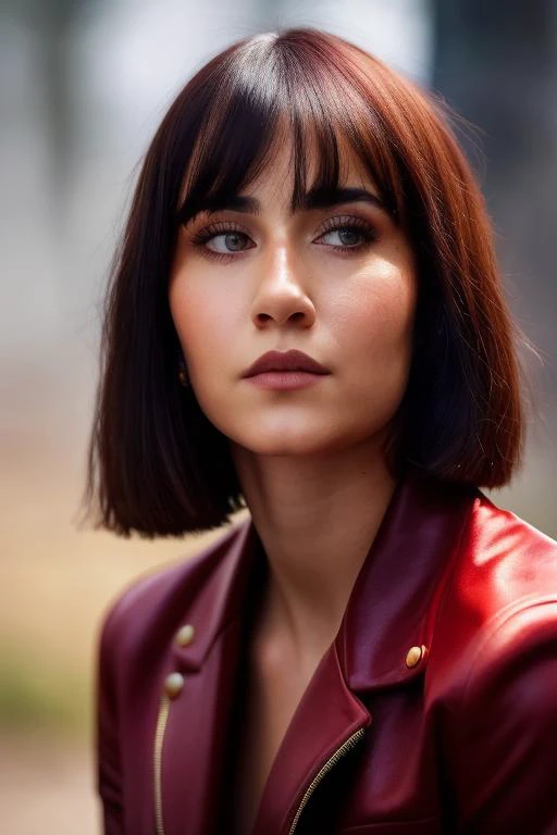 a close up of a woman with a red jacket and a brown hair