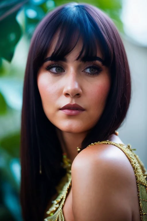 a close up of a woman with a long hair and a gold dress