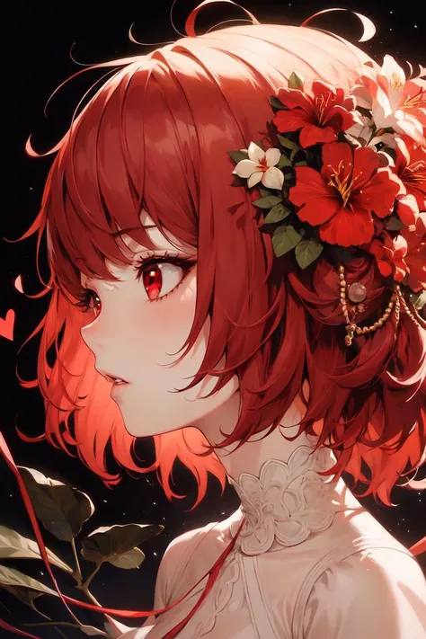 anime girl with red hair and flowers in her hair