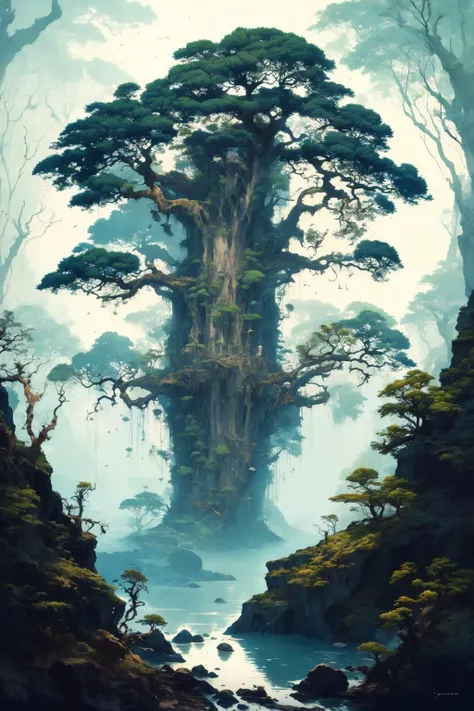 a painting of a tree in the middle of a forest