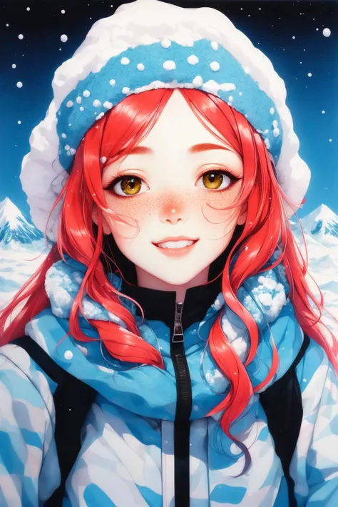 a girl with red hair and a blue jacket and hat