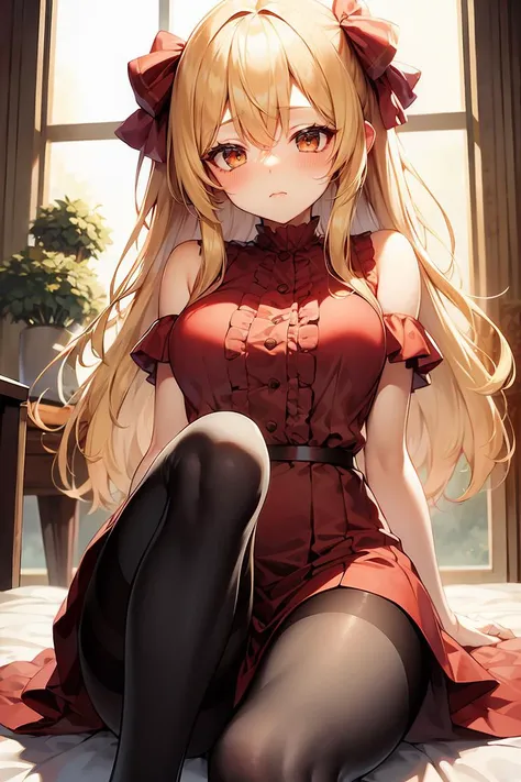 anime girl sitting on a bed with her legs crossed