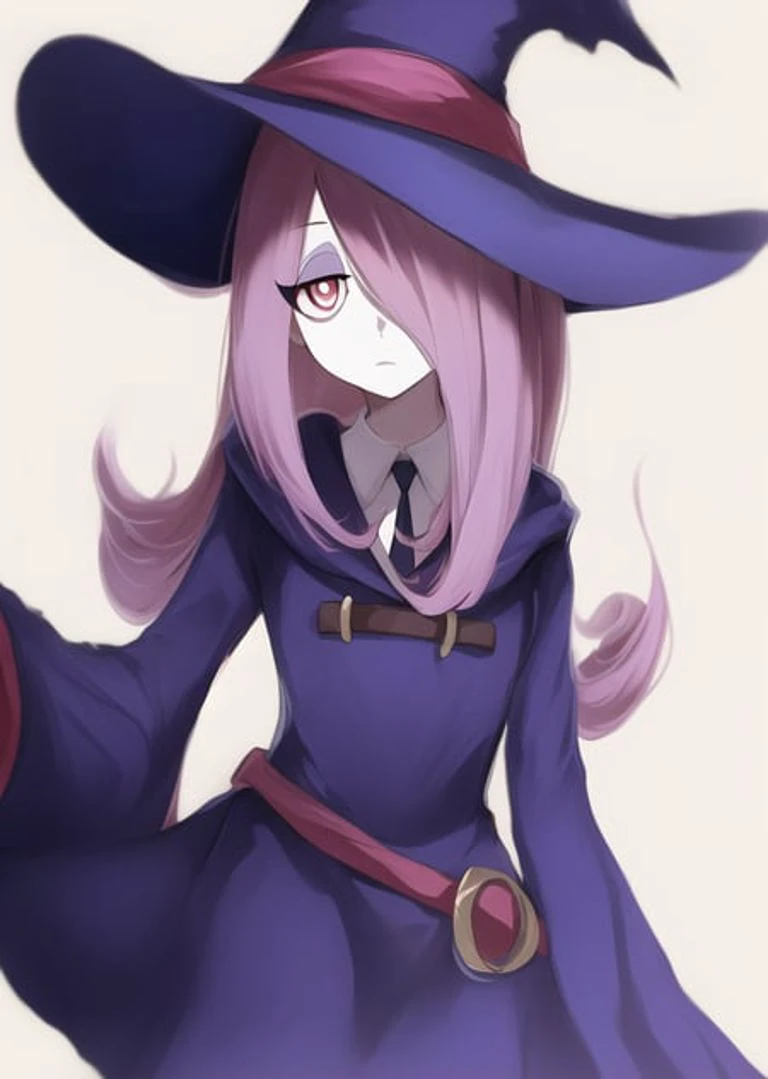 sucy, (sucy manbavaran:1.3), cowboy shot 1girl, (blank expression:1.2), (expressionless:1.2), makeup, eyeshadow, hair over one e...