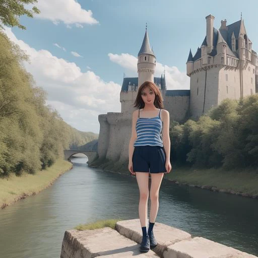 <lora:a88:0.61>,outdoors,solo,best beauty,camisole,striped legwear,whole body,around blue rose,sunshine on the river,absurdres,ancient castle background,