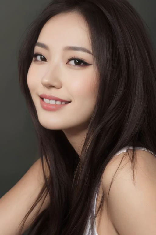 a close up of a woman with long hair and a white top