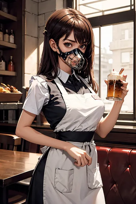 anime girl in a restaurant with a mask on holding a drink