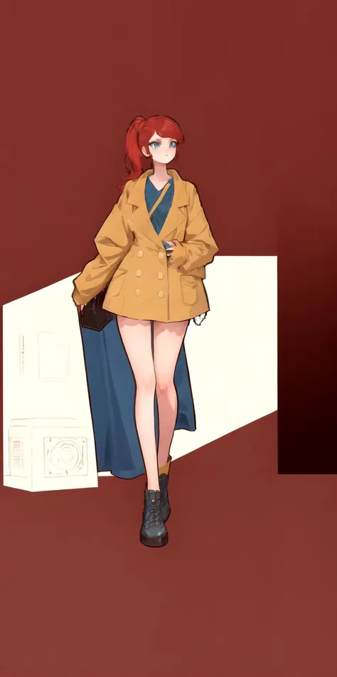 a woman in a trench coat and boots standing next to a wall