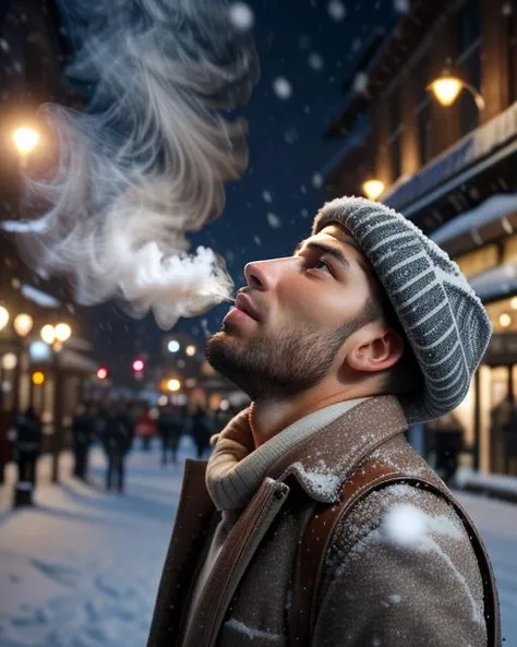 arafed man smoking a cigarette on a snowy street at night