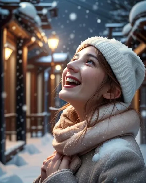 a woman in a white hat and scarf smiles while standing in the snow