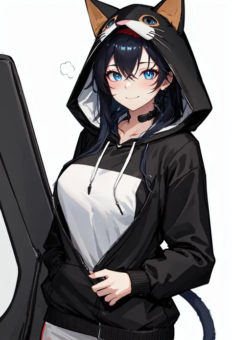 best quality, masterpiece, highres, solo, (blaze_arknights:1.10), 1girl, cat hood, long sleeves, official alternate costume, hood up, looking at viewer, two-tone hoodie, blush, smile, white background, closed mouth, simple background, holding, black hoodie...