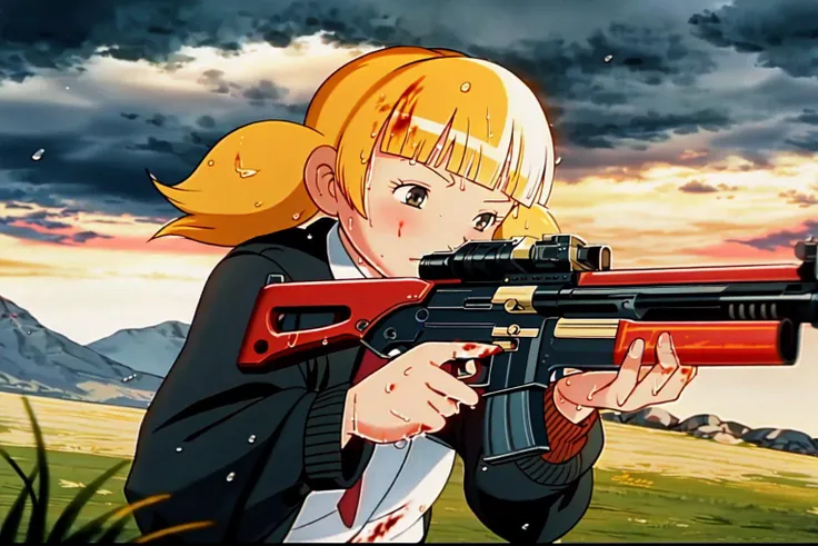 <lora:Penny:1> penny firing ak-47, twintails, bangs, blonde hair, blood blood on clothes,
(masterpiece:1.2), (highly detailed:1.2), (intricate:1.2), (best quality:1.2),
(wet skin:1.1),
grass, grim cinematic light, ominous dark clouds