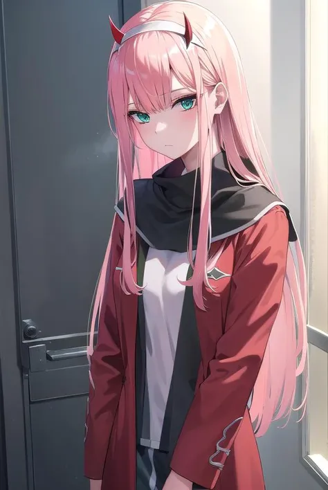 zerotwo, <lora:zerotwo-lora-nochekaiser:1>, 
zero two, (green eyes:1.5), hairband, horns, long hair, pink hair, red horns, white hairband,
BREAK jacket, leggings, red jacket, white footwear,
BREAK indoors, classroom,
BREAK looking at viewer, (cowboy shot:1...