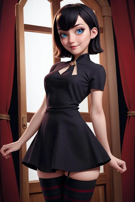 (masterpiece, best quality), intricate details, 1girl, <lora:hoteltransylvania_mavisdracula:0.8> mavis dracula, dress, striped thighhighs,