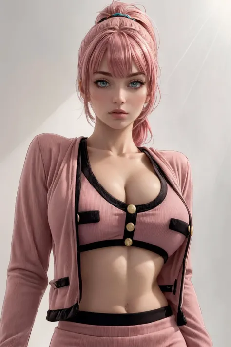 (ultra realistic,32k, masterpiece:1.2),(high detailed skin:1.1),( high quality:1.1), 
1girl,pink hair, ponytail hair, bangs,(aqua eyes:0.8),<lora:10xCocoDress(Majic)_LR5_v1:0.7>velvaura, bra, midriff, Peach (Crayola) skirt, cropped jacket, long sleeves, sl...