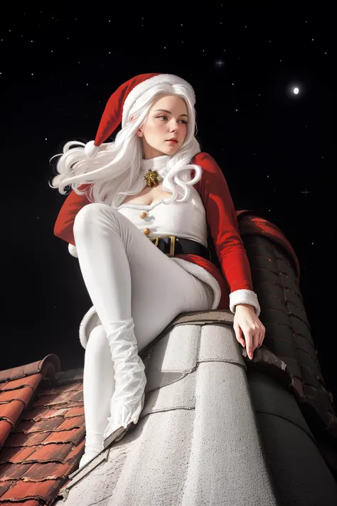 (high quality upper body shot:1.2), (best quality:1.2), (masterpiece:1.2), official art, official wallpaper, surreal,  (female santa, white hair, wearing a santa suit, climbing out of a chimney, clear night, on a roof:1.2)  (detailed:1.05), (extremely deta...