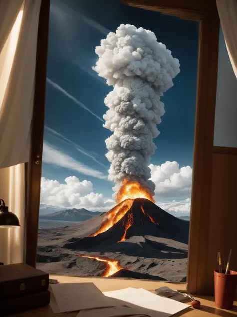 masterpiece, , ink and color, storybook illustration of volcanic eruption, sitting on desk