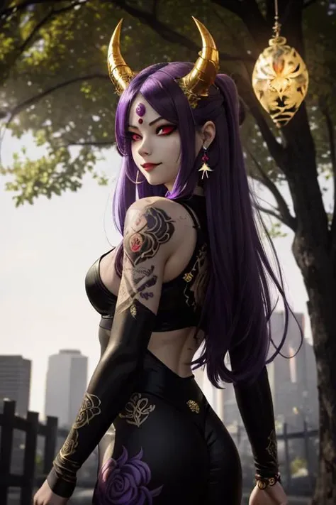 high quality. masterpiece, 8k, street, tree, road, tree canopy, upper body, face focus, 1girl, arrogant, mei, horns, long hair, (purple eyes:1.1), purple Amethyst hair, evil smile, big grin, golden red copper sliver tattoo black leggings, Amethyst laced gl...