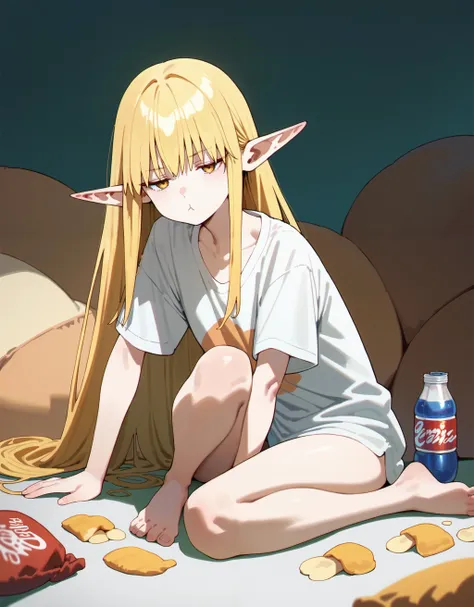 anime girl sitting on a bed with a bottle of soda