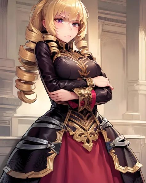 a woman in a dress with long blonde hair and a sword