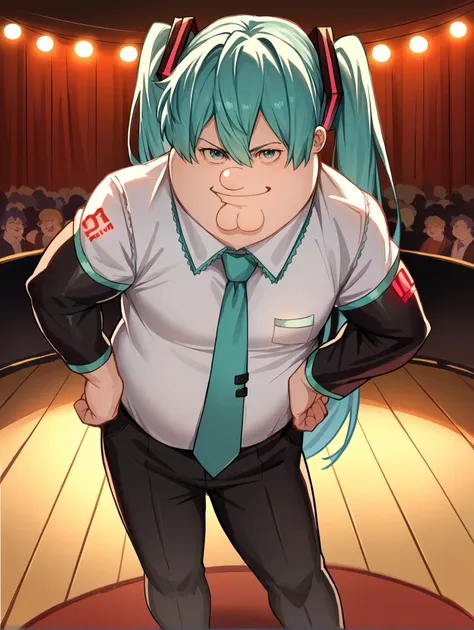 anime character with green hair and a tie standing in front of a stage