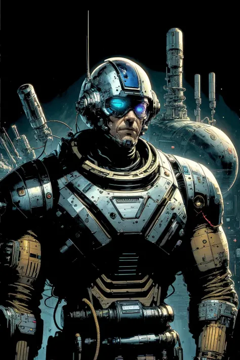 a close up of a man in a futuristic suit with a gun