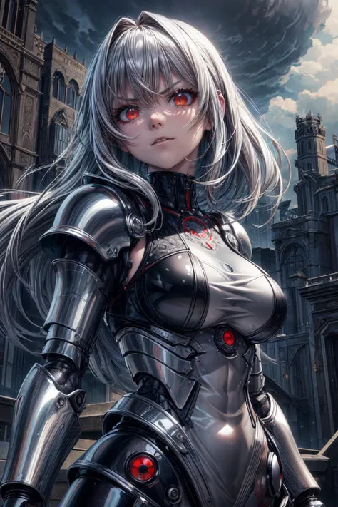 a woman in a futuristic suit with red eyes standing in front of a castle