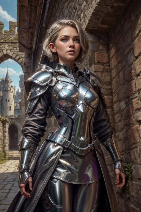 a woman in a silver armor standing in an alley