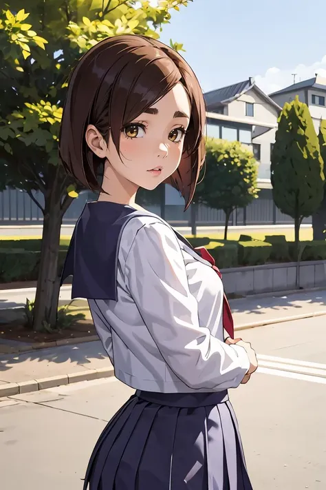 anime girl in school uniform standing on the street with her back to the camera