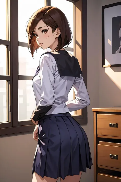 anime girl in school uniform standing in front of a window