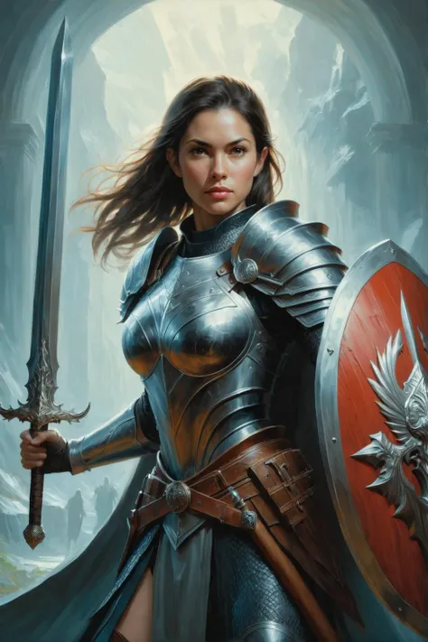 a woman in armor holding a sword and shield