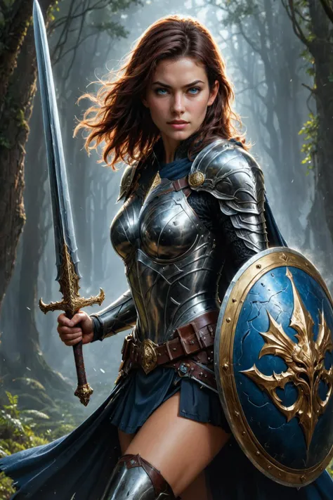 a woman in armor holding a sword and shield in a forest