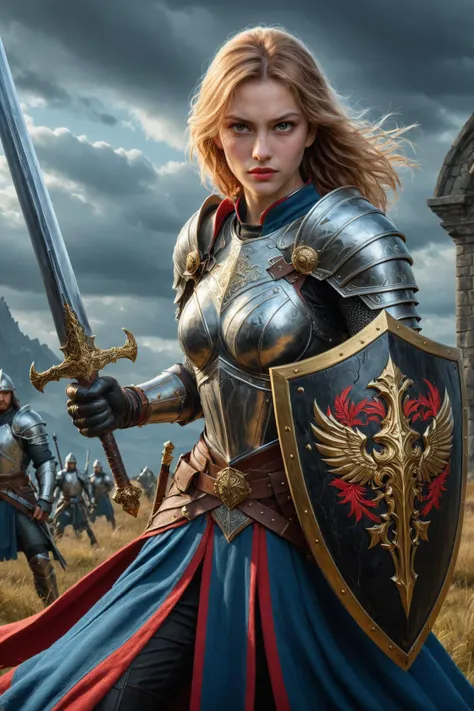 a woman in armor holding a sword and a shield