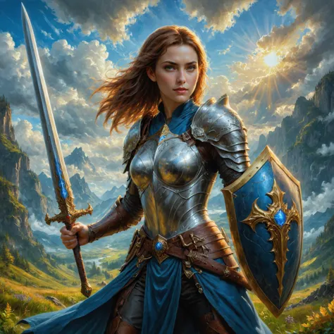 a woman in armor holding a sword and shield in a field