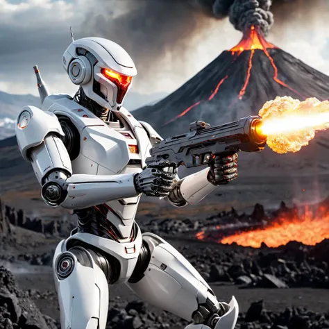 an action shot of  a white futuristic robot, firing a plasma gun, mount doom in background, HD, masterpiece, best quality, hyper detailed, ultra detailed,