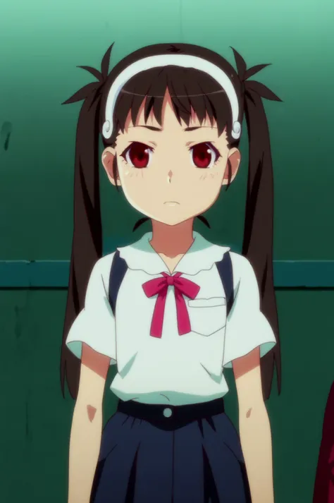 anime girl with ponytails and a white shirt and red eyes