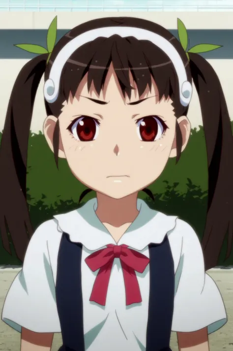 anime girl with ponytails and a bow in front of a building