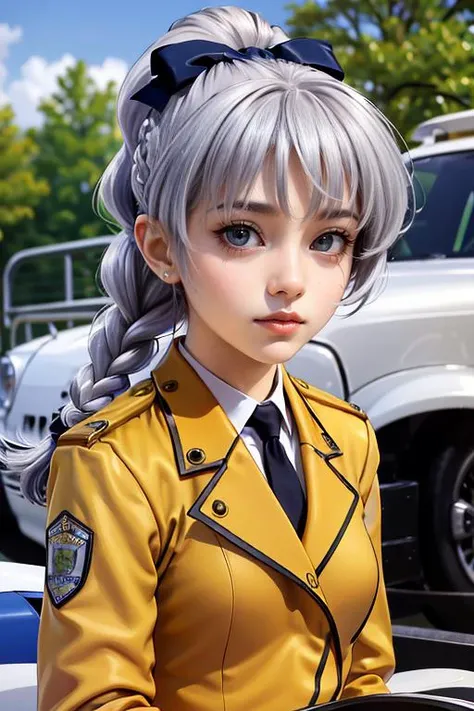 masterpiece,best quality,absurdres,realistic,
1girl, solo, braided ponytail, single braid, grey eyes, grey hair, military uniform, black necktie, blue bow, brown skirt, 
 <lora:teletha_testarossa_v4:0.7>