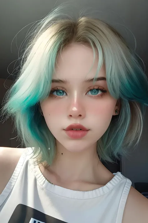 alinaodd, closeup, portrait, 1girl, solo, lips, green hair, short hair, realistic, blue eyes, looking at viewer, white top
 <lora:Alina_V1:1>