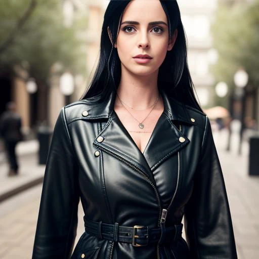 a close up of a woman in a black leather jacket