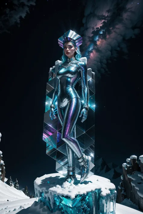 bismuth_texture, an ice woman standing on a snowy cliff at night <lora:bismuth_texture_v2:0.3>, <lora:add_detail:0.25> <lora:realistic:0.25> <lora:waterVFX:0.25>