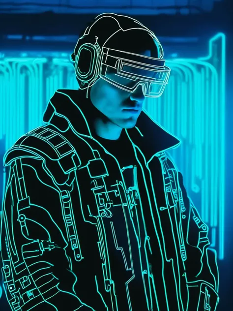 (close-up, upper body:1.3), portrait of a cyberpunk man dons a tech-coat, a tech helmet, neon lights background, <lora:Lines_Clothes_XL:1>