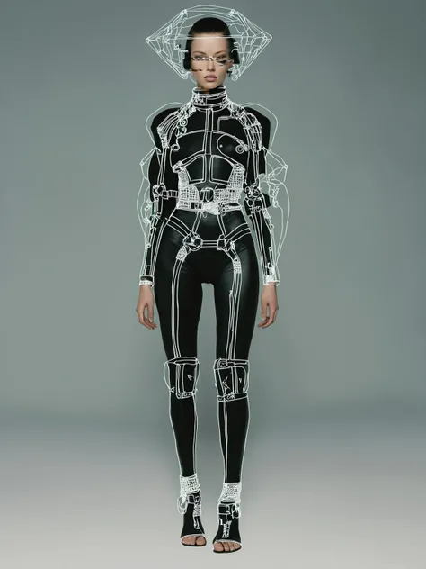 data-driven chic:0.4, cyber rebellion:0.3, future-forward attire:0.3, digital diva:0.4, <lora:Lines_Clothes_XL:1>